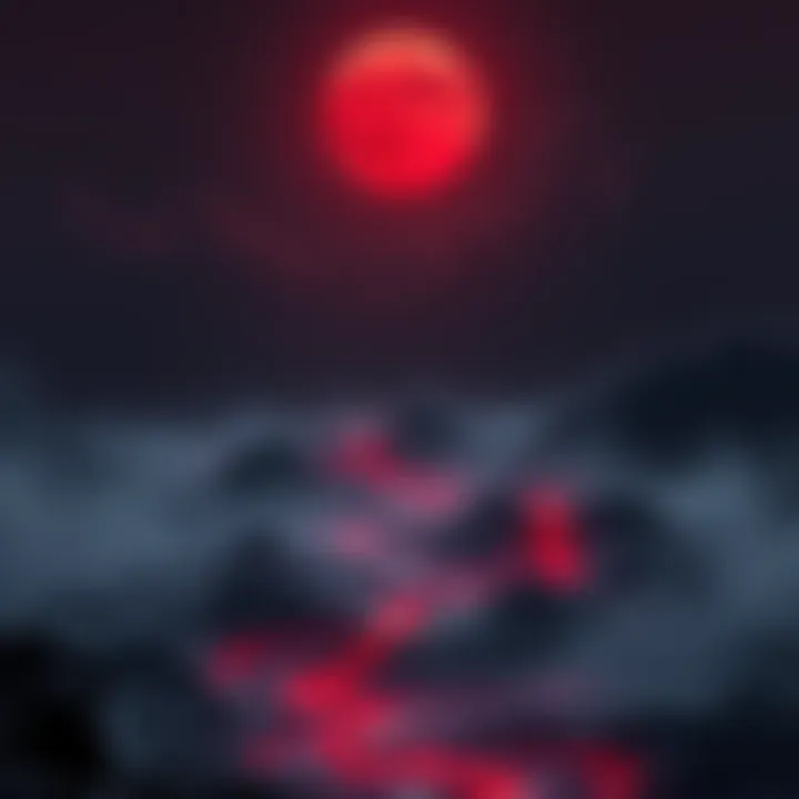 Scene showing a red moon over a dark landscape with crimson rivers flowing, hinting at chaos and horror in the game.