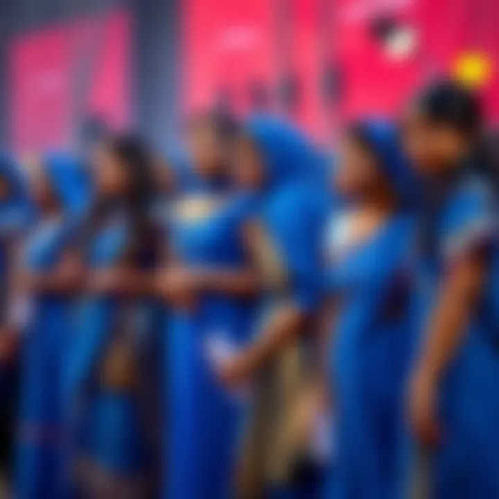 A group of young Indian women in stylish blue dresses enjoying a cultural event