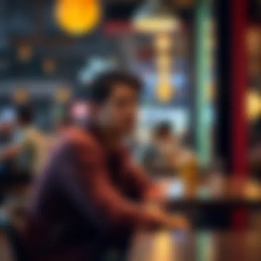 A nearly 30-year-old person sitting alone in a café, looking thoughtful and out of place in a busy environment