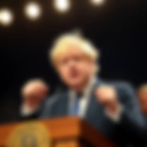 Boris Johnson at a podium discussing Bitcoin, labeled as a Ponzi scheme, with a serious expression