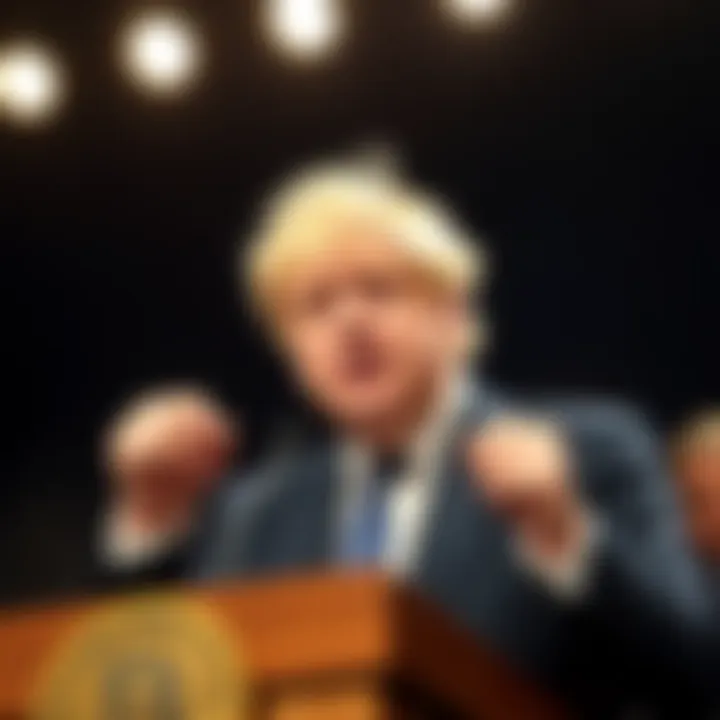 Boris Johnson at a podium discussing Bitcoin, labeled as a Ponzi scheme, with a serious expression