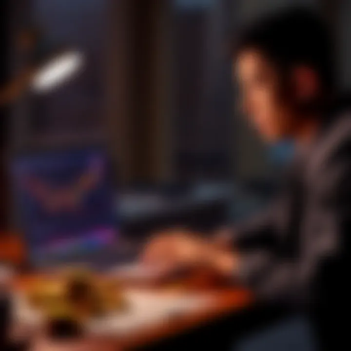 A person considering borrowing against Bitcoin, with a laptop showing Bitcoin charts and coins on the desk