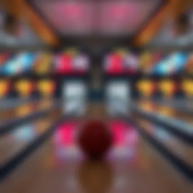 A close-up of a bowling lane showing a scoreboard with tied scores, indicating a competitive match between bowlers
