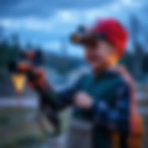 A 9-year-old boy excitedly holding night vision equipment while standing on a farm, looking towards the woods, ready for adventure.