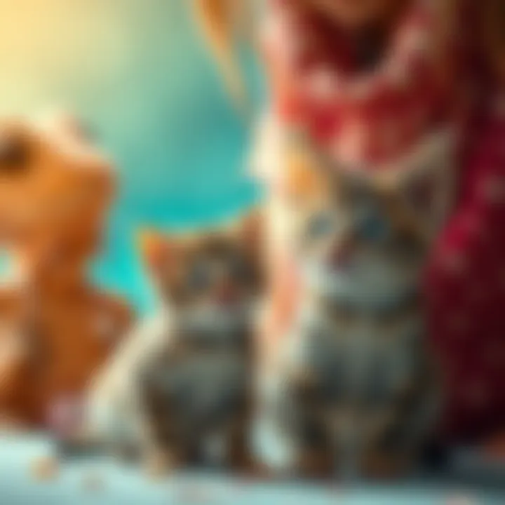 A small, brave kitten stands in front of its mom, ready to confront a lizard in the background, showcasing courage and loyalty.
