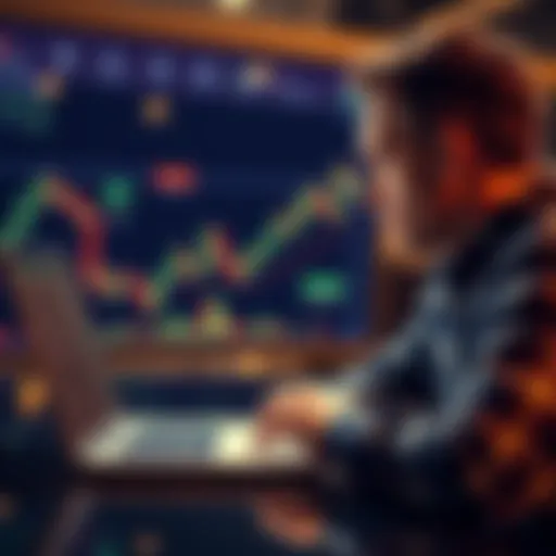 A thoughtful person looking at a laptop, considering whether to sell or hold Bitcoin investments, with charts and graphs displayed on the screen.
