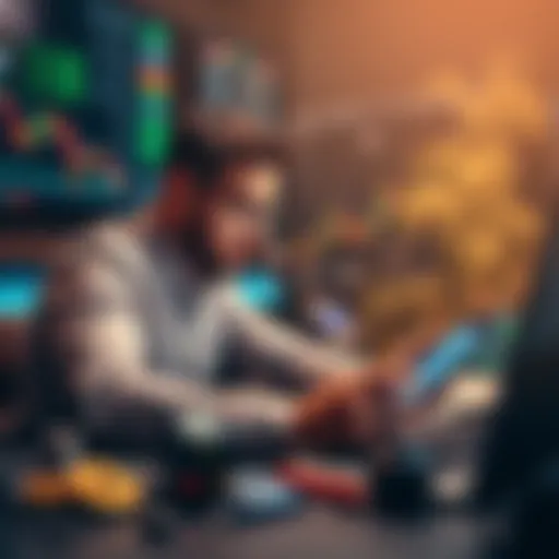 A beginner examining Bitcoin charts and market trends during a bear market, surrounded by trading tools.