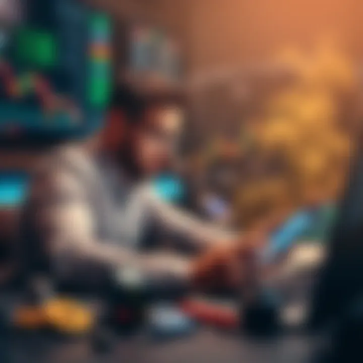 A beginner examining Bitcoin charts and market trends during a bear market, surrounded by trading tools.