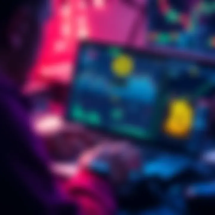 A person working on a laptop with charts and crypto symbols on the screen, showcasing the process of developing a crypto exchange.