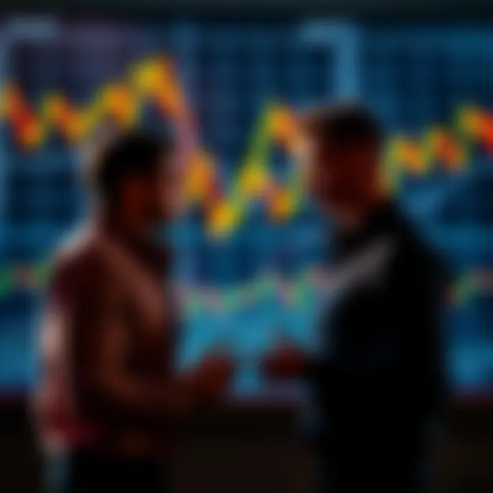 Two people discussing cryptocurrency price trends with graphs and charts in the background