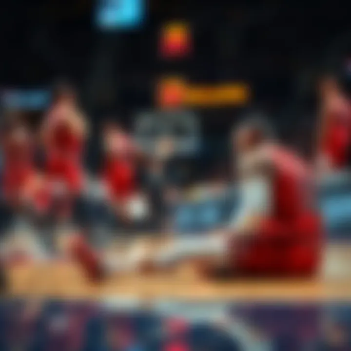 A Chicago Bulls player sitting on the basketball court with an injury, looking disappointed while teammates gather around