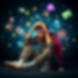 A person sitting on the ground, holding their head with a puzzled expression, surrounded by colorful, surreal images floating around them