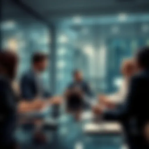 Executives discussing merchant payments and data analysis in a conference room