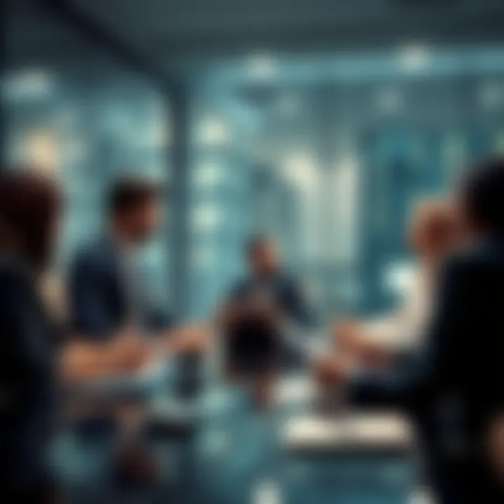 Executives discussing merchant payments and data analysis in a conference room