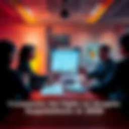 A group of business professionals in a meeting room discussing strategies for company acquisitions, with charts and graphs on the table.