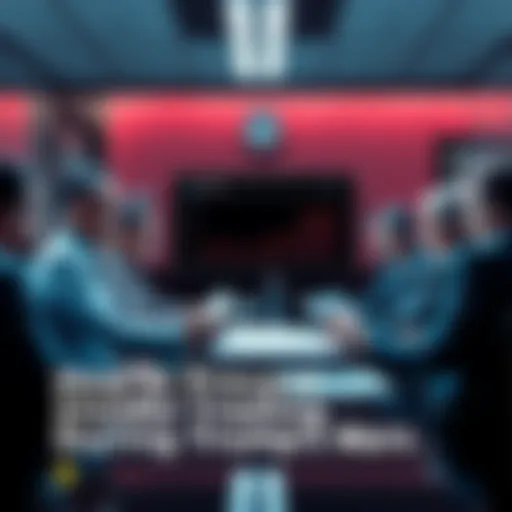 A group of business professionals in a meeting room reviewing documents and charts, focusing on transparency during military conflicts.