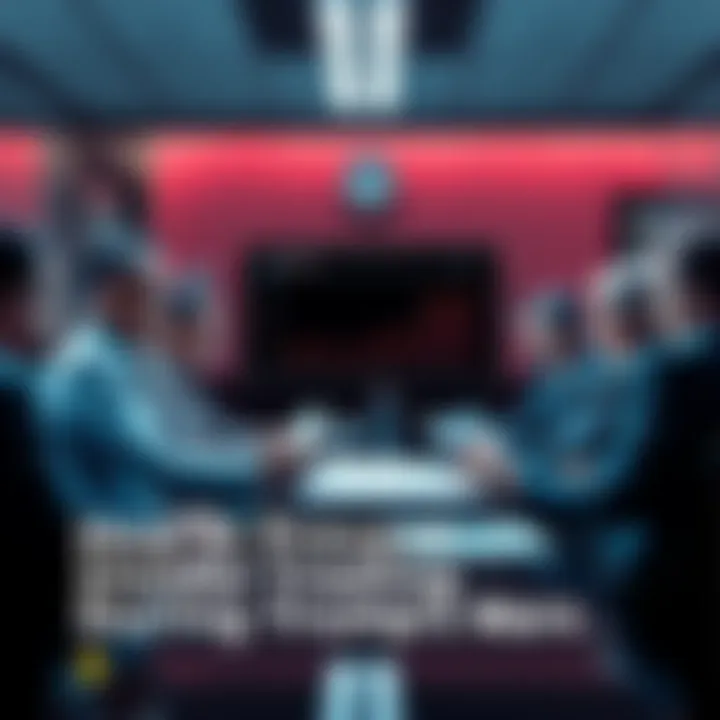 A group of business professionals in a meeting room reviewing documents and charts, focusing on transparency during military conflicts.