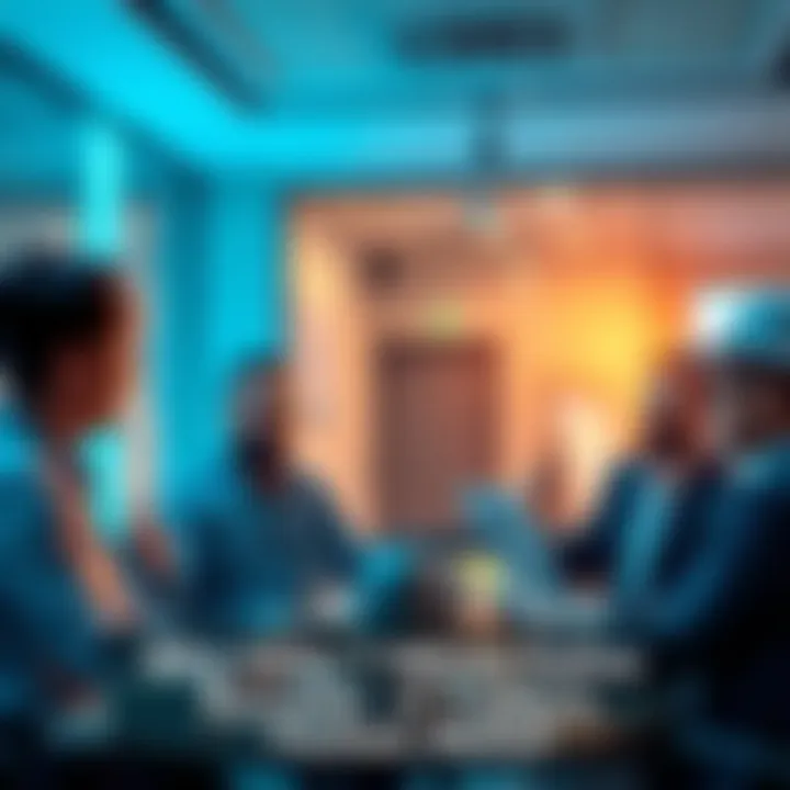 Business meeting focused on utility Group of business professionals discussing practical applications in a meeting room
