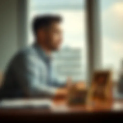 A thoughtful business owner looks out of a window, reflecting on life choices while family photos are visible on the desk, symbolizing the balance between work and family.