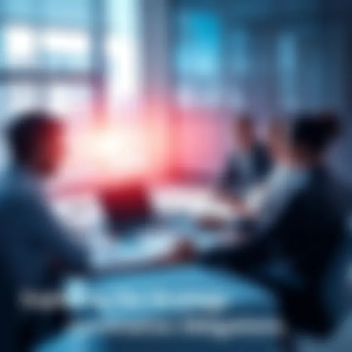 A group of business professionals discussing strategies around a table with charts and graphs in front of them.