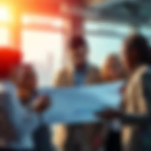 Business Success in 2026 A team of diverse professionals collaborating over a digital blueprint, analyzing market trends and strategies for business success in 2026.