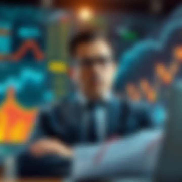Strategic pause in investment decision A businessman looks thoughtfully at financial graphs and charts, representing the wait for a key investment decision.