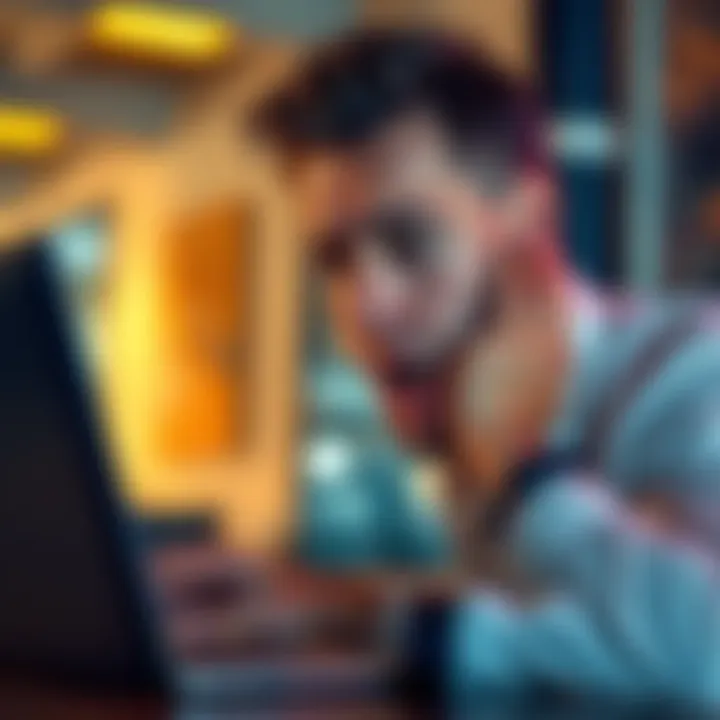 Businessman worried about account closure A businessman looking at a laptop with a worried expression, indicating concern over a business account closure.
