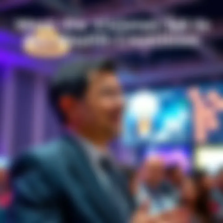 A charismatic businessman presenting his wealth creation strategies to an engaged audience.