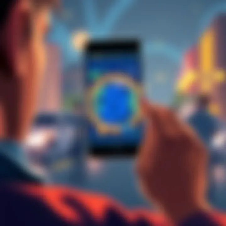 A person holding a smartphone showing Butt Coin graphics while looking concerned over global issues like climate change and human trafficking in the background.
