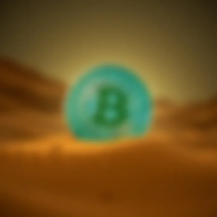 A digital representation of Buttcoin as a currency in a desert landscape inspired by Dune, with a futuristic design and elements reflecting its impact on the story, including transaction symbols.