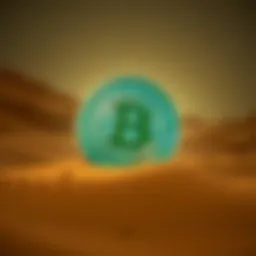 Buttcoin in Dune Universe A digital representation of Buttcoin as a currency in a desert landscape inspired by Dune, with a futuristic design and elements reflecting its impact on the story, including transaction symbols.