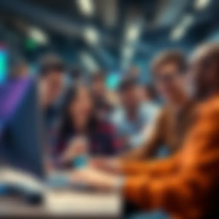 Group of diverse people sharing jokes and laughing at a computer in a lively online forum discussion about Buttcoin.