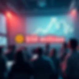 A graphic showing a rising line graph with a Bitcoin symbol and a bold $50 million label, surrounded by excited people discussing in a digital forum.