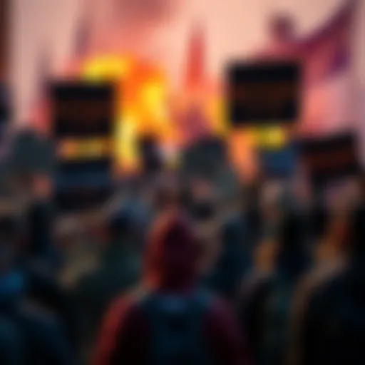 A group of people holding signs supporting Buttcoin, with military imagery in the background, illustrating their call for war to promote Buttcoin as a global currency.