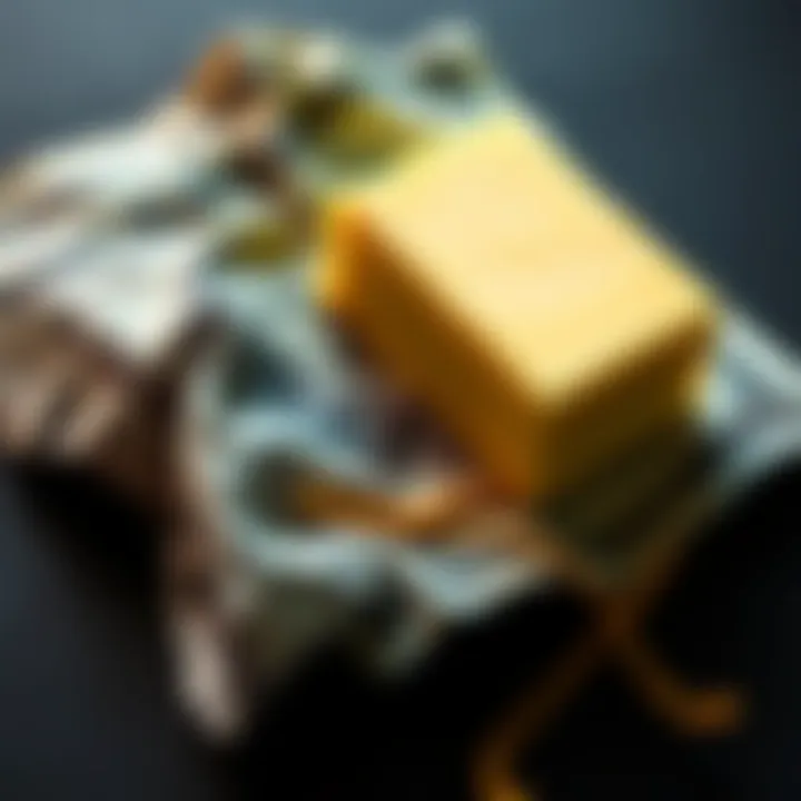 Butter on a Dollar Bill A stick of butter placed on a crumpled dollar bill, symbolizing the relationship between currency and food prices.