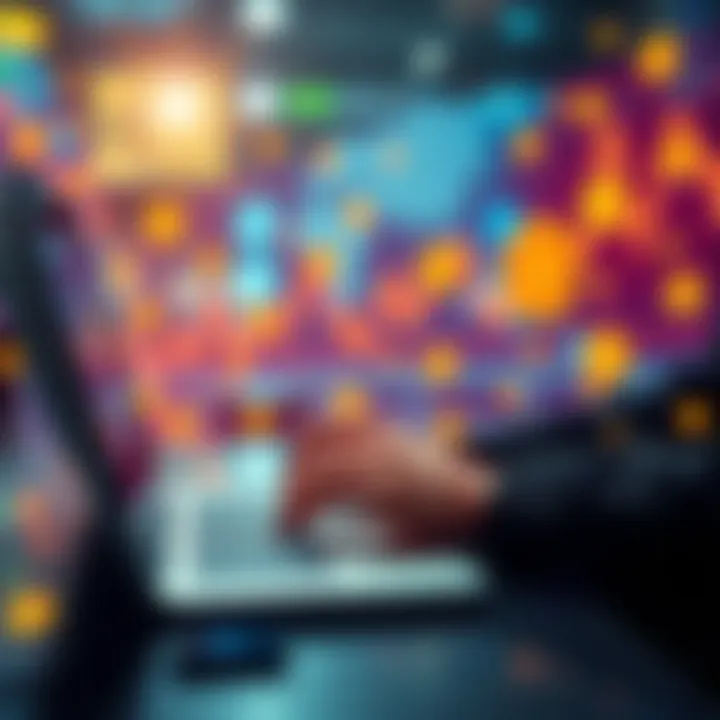 A person using a laptop to buy Bitcoin on a financial platform with digital currency graphics around