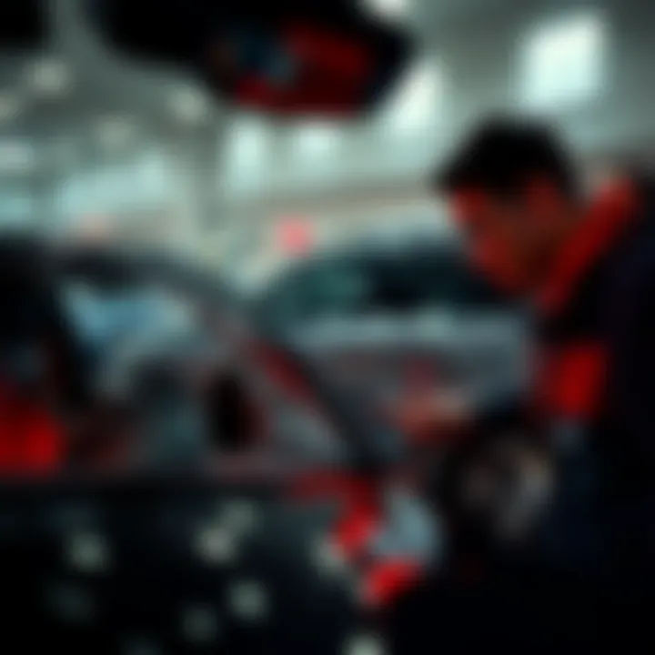 A buyer inspects a BMW E93 M3 with a cracked windshield and oil leaks