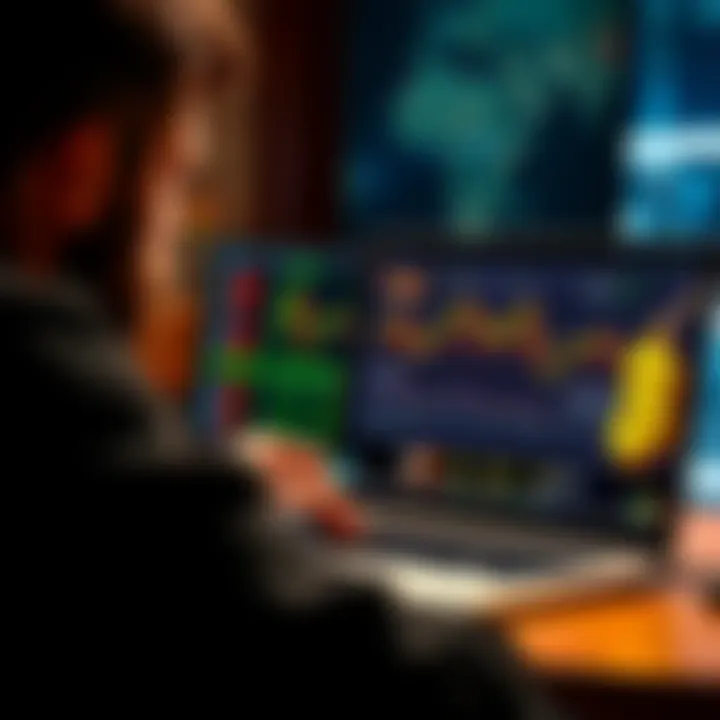 A person looking at a laptop screen showing cryptocurrency prices and charts, with a digital wallet symbol in the foreground.