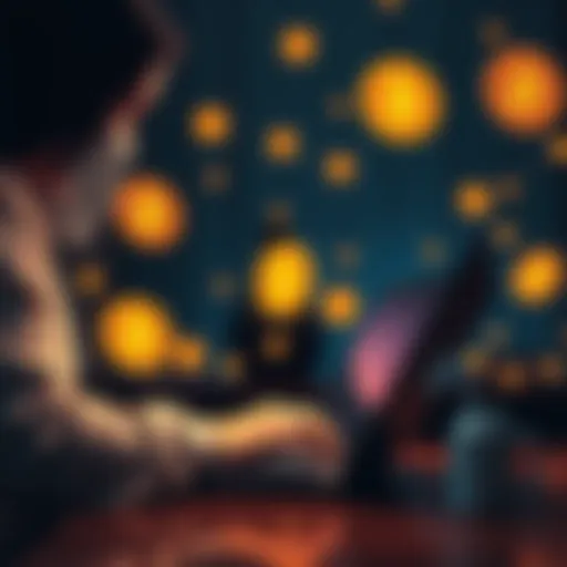 A person using a laptop in a dimly lit room, focused on buying Bitcoin without revealing identity, with digital currency icons in the background.