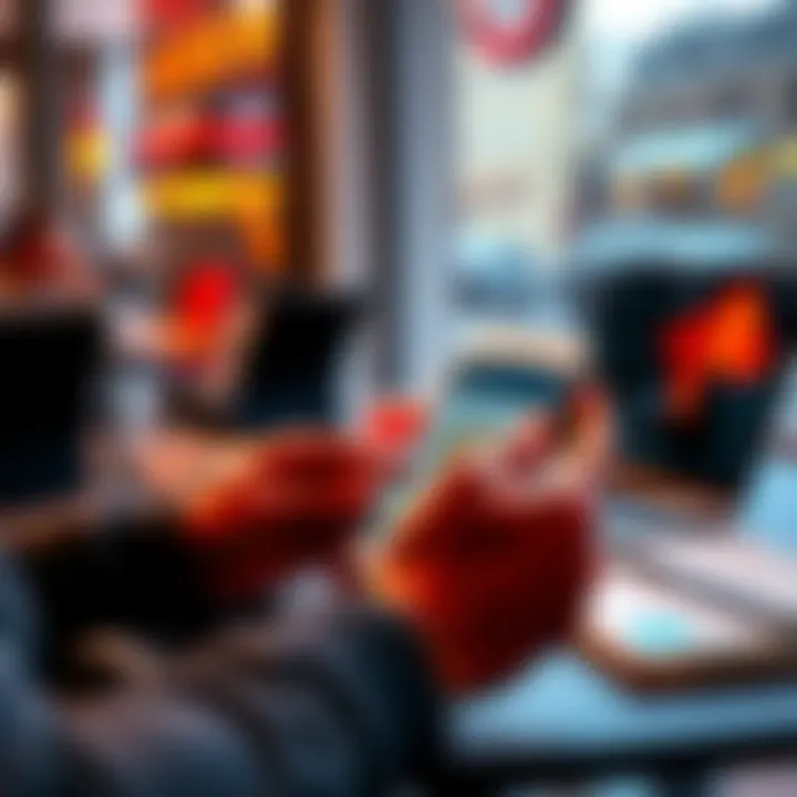 A person using a smartphone app to buy Bitcoin with euros while seated at a table with a laptop and a notebook in the background.