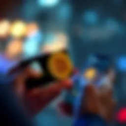 A person holding an Amazon gift card while looking at a smartphone displaying Bitcoin prices.