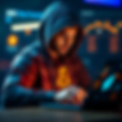 A person wearing a hoodie using a laptop with Bitcoin symbols on the screen, showcasing private purchasing methods.