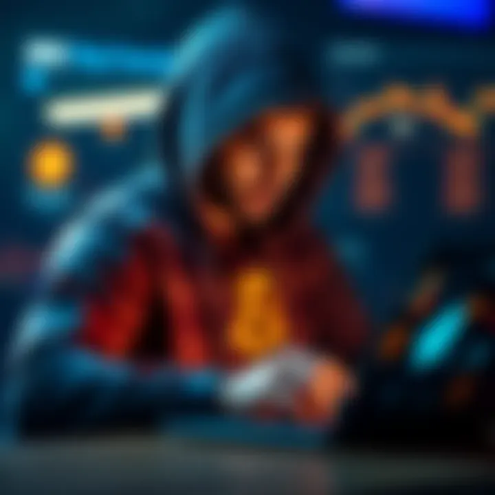 Buying Bitcoin Privately A person wearing a hoodie using a laptop with Bitcoin symbols on the screen, showcasing private purchasing methods.