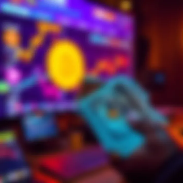 Person holding cash and looking at Bitcoin graphics on a screen