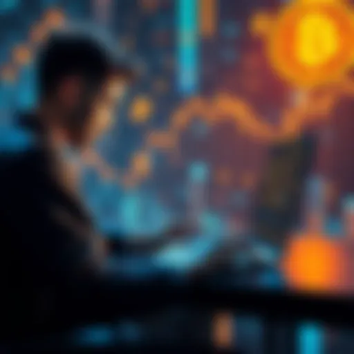 A person using a laptop to buy Bitcoin without KYC requirements, surrounded by a digital currency theme.