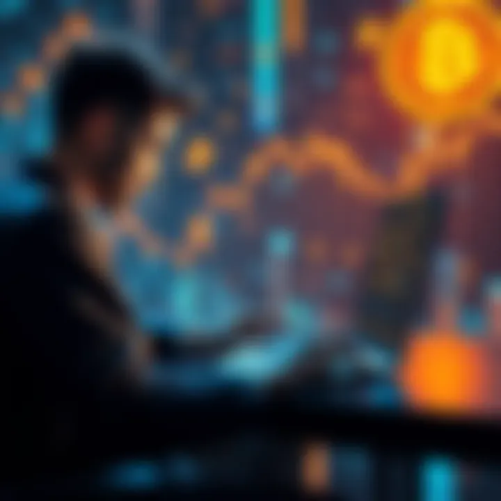 A person using a laptop to buy Bitcoin without KYC requirements, surrounded by a digital currency theme.