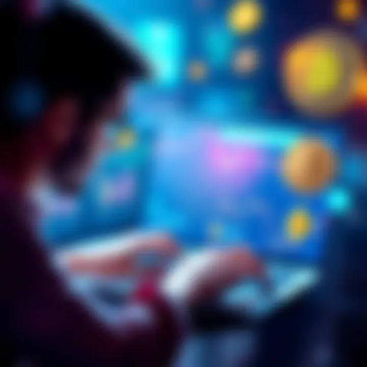 A person using a laptop to buy cryptocurrency online, surrounded by digital currency symbols like ETH and Monero, illustrating the concept of no-KYC purchases.