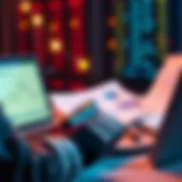 A person analyzing cryptocurrency values on a laptop, with graphs and tax documents visible.