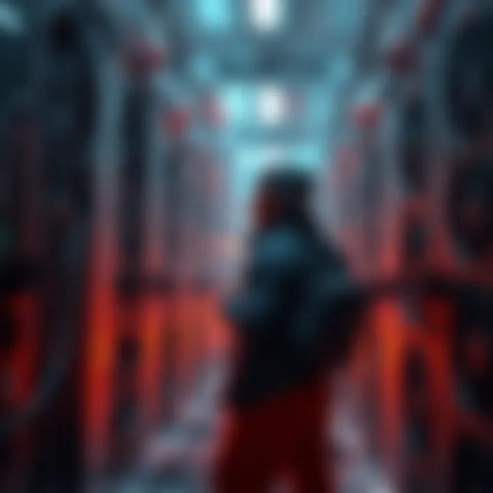 A miner stands by Monero mining rigs, surrounded by cooling fans, showing concern over high electricity costs in California