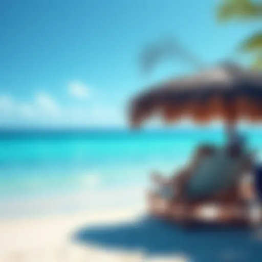 A serene beach with blue waters and a person relaxing in a beach chair, enjoying the view during a market dip.